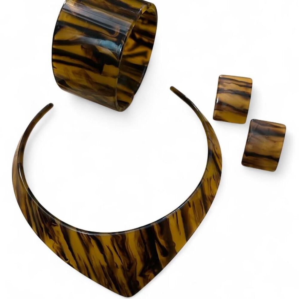 Vintage Faux Tortoise Shell Resin Jewelry Set Choker, Cuff and Post Earrings
